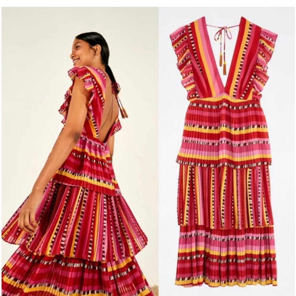 Farm Rio Lucy dress tiered and stripes with beaded detail, XL